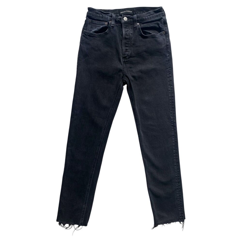 Denim Forum Jeans The Yoko High Rise Slim Button Fly Raw Hem Black Size 27